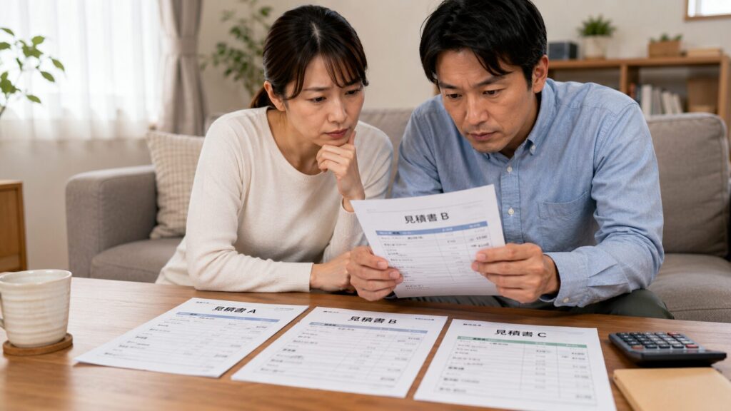 複数業者から取得した床の修理・張り替え工事の見積もり内容を、リビングで冷静に比較検討する日本人夫婦