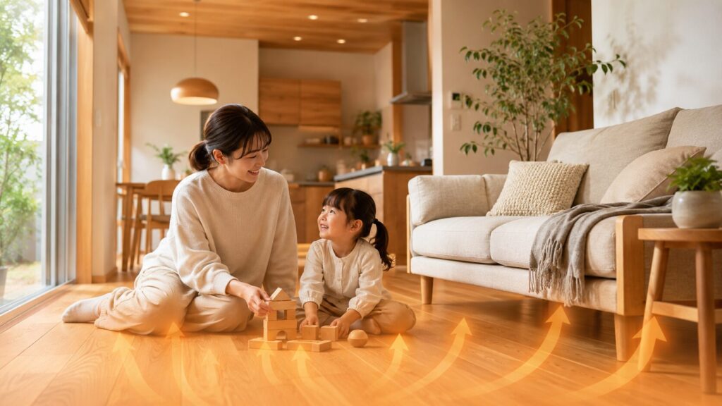 床下エアコンの暖かさに包まれ、リビングで子供と笑顔で過ごす日本人女性と子供