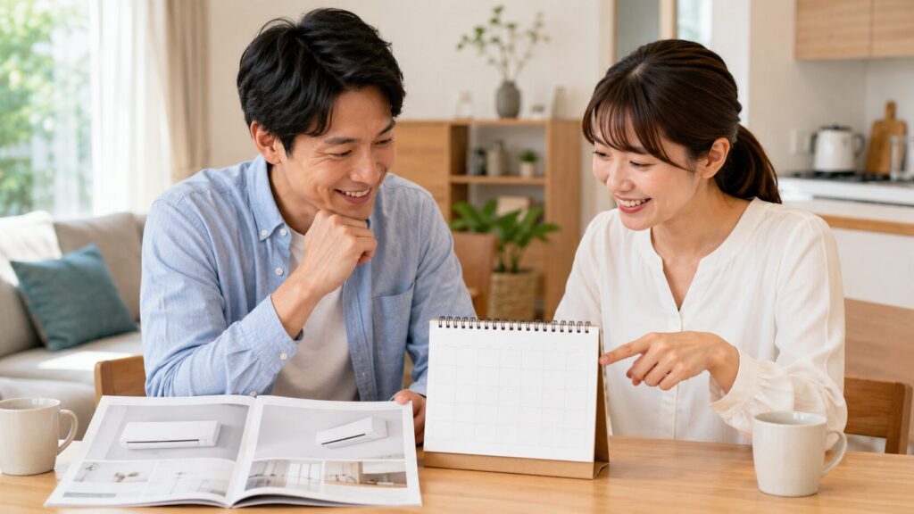 2026年のカレンダーとエアコンのカタログを見ながら、笑顔で早期買い替えの計画を立てる日本人の夫婦。
