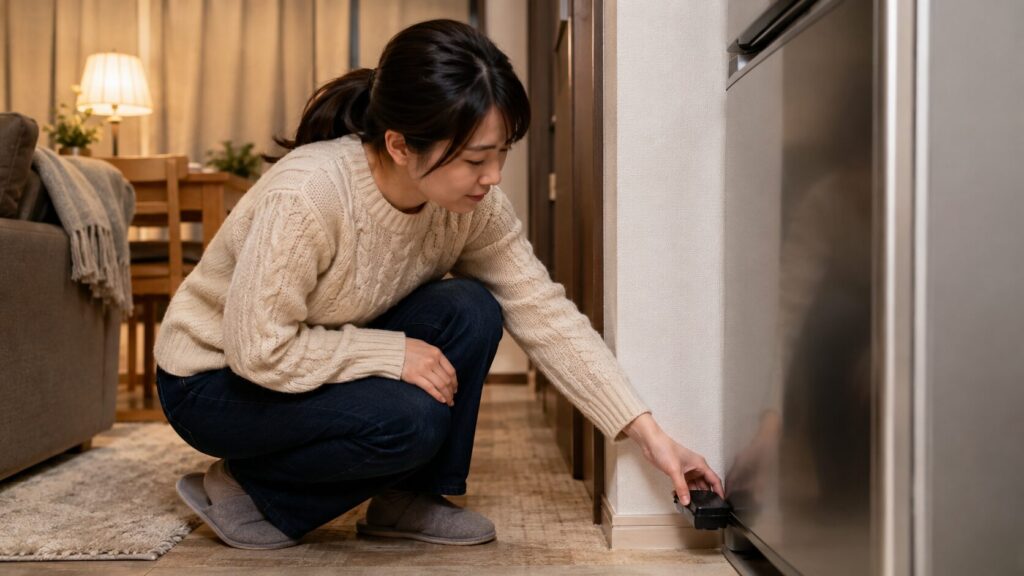 冬の装いをした日本人の女性が、暖房の効いた暖かいリビングで、冷蔵庫と壁の隙間にベイト剤（毒餌、文字なし）を慎重に設置している様子。季節外れの戦略的な駆除対策。