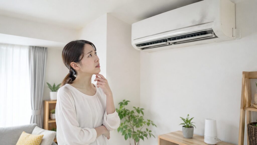 エアコンの不調に気づき、心配そうに見上げる日本人女性
