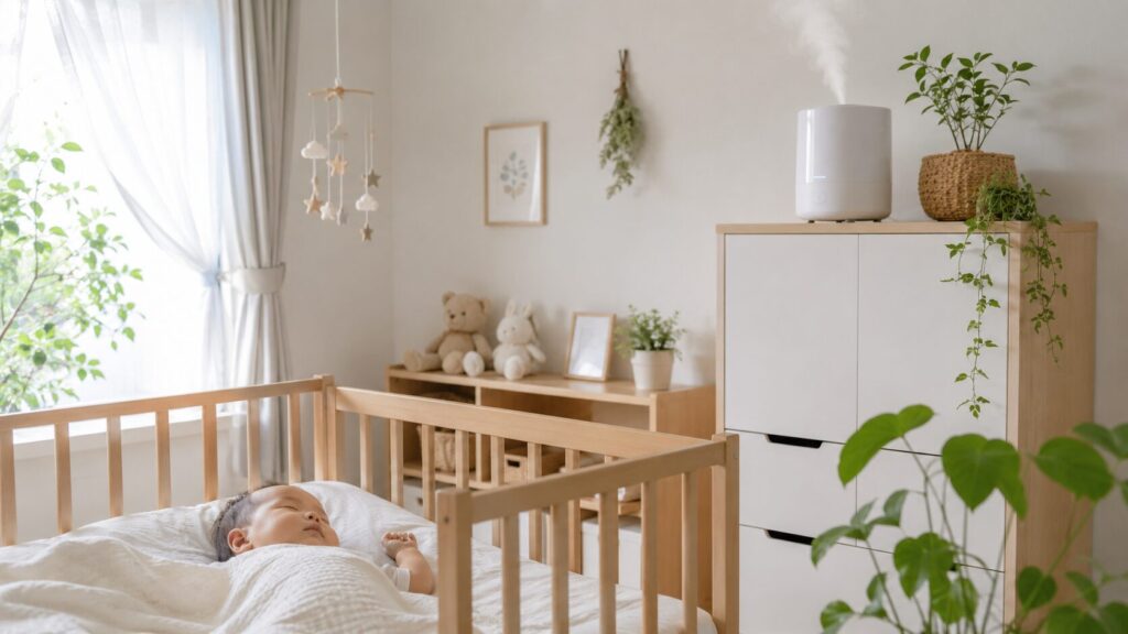 赤ちゃんのいる部屋で、高い棚の上に安全に設置された加湿器と、快適に眠る赤ちゃん