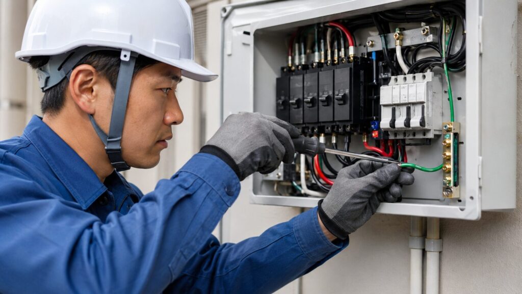 国家資格を持つ日本人の電気工事士が、専用の工具を使って分電盤内の端子にアース線を確実かつ安全に取り付けている様子