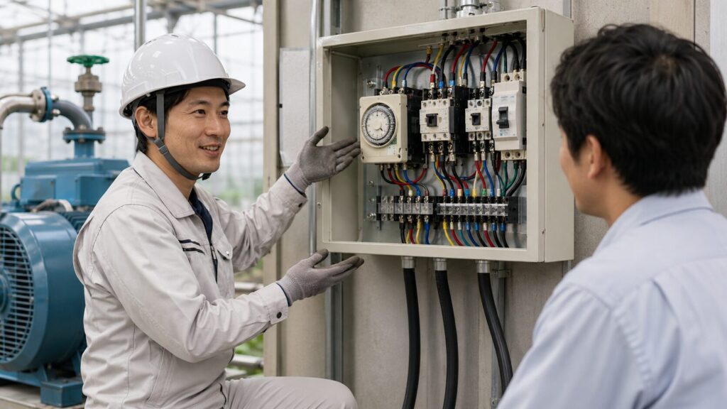 三相200Vタイマーの設置工事が完了し、依頼主に笑顔で説明するプロの電気工事士。