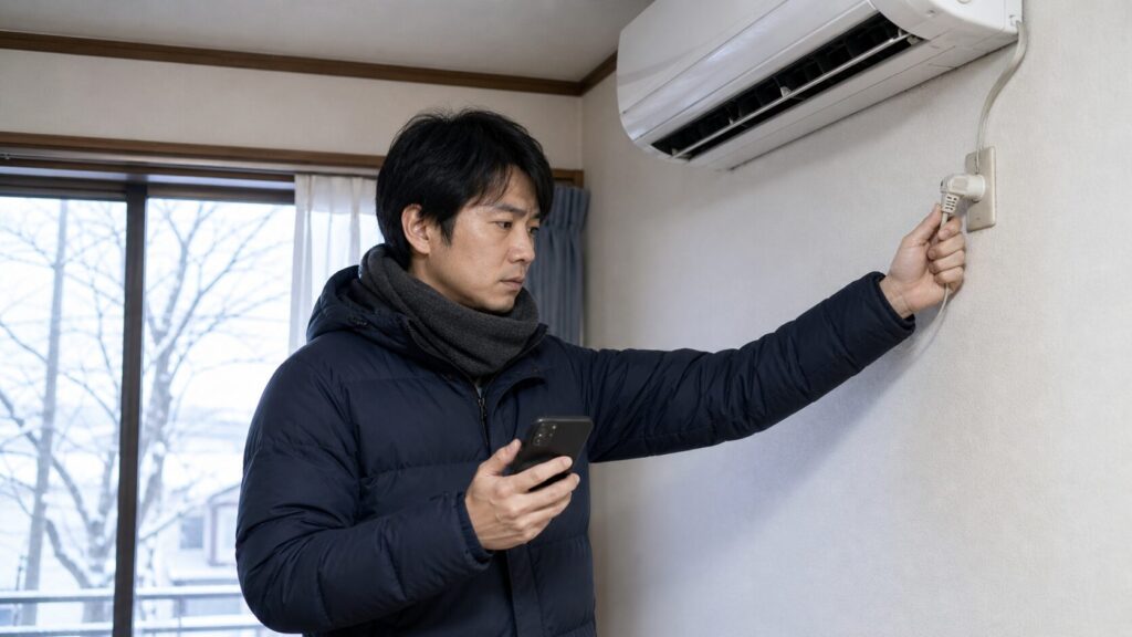 冬の室内で、エアコンの電源プラグをコンセントから抜きながら、もう一方の手でスマートフォンを持ち業者へ連絡しようとする日本人男性。