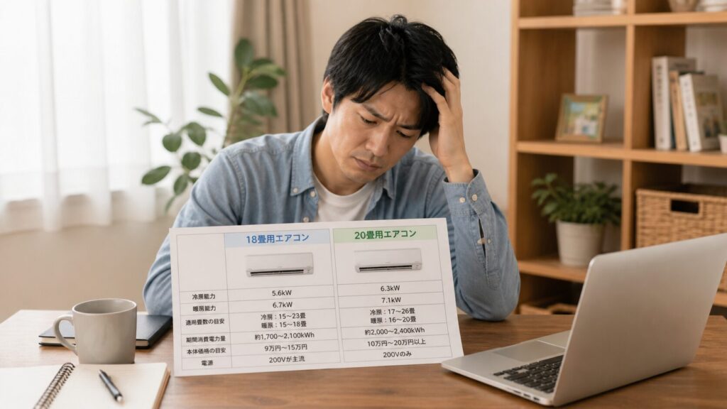  自宅のデスクで、18畳用と20畳用エアコンのスペック比較表を見ながら頭を抱えて悩む日本人男性。どちらを選ぶべきか迷い、解決策を探している様子。よくある質問セクションへの導入。