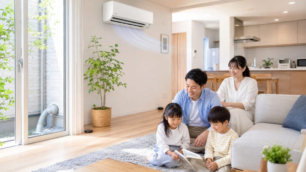 明るく清潔な日本のLDKで、エアコンの効いた快適な空気の中、幸せそうにくつろぐ日本人家族。背景には、ドレンホースの防虫キャップや適切な駆除剤設置（文字なし）など、総合的なゴキブリ対策が完了したことで得られた、心から安心できる住環境の様子。