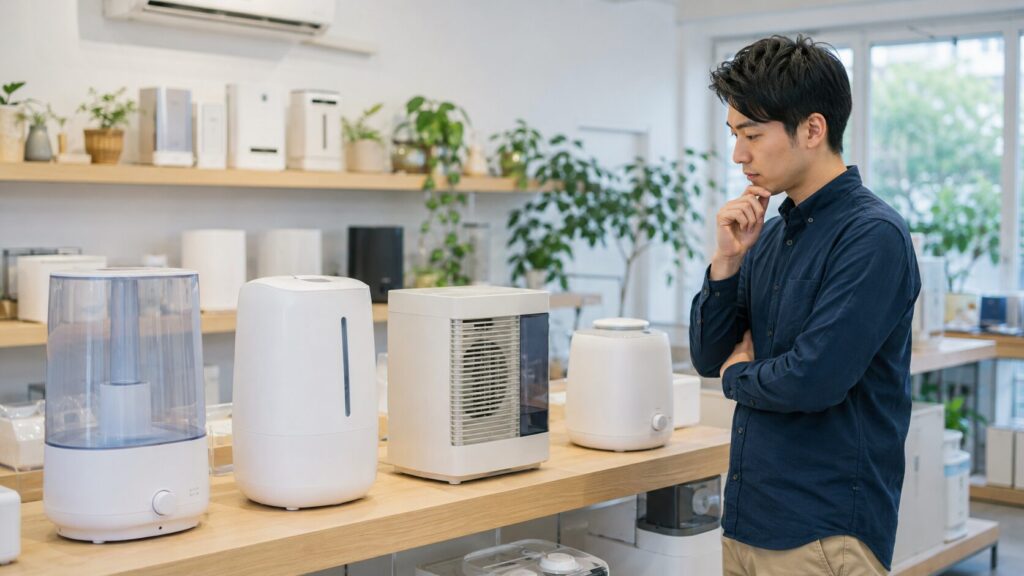異なる種類の加湿器(超音波式、気化式、スチーム式)が並ぶ展示棚を比較検討する日本人男性