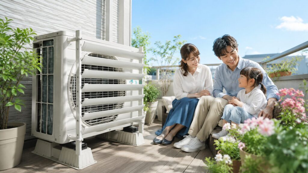 上向きルーバー付き室外機がある快適なベランダで、笑顔で過ごすアジア人の家族（3人）。植物が青々とし、青空が広がる。日本の住宅街。