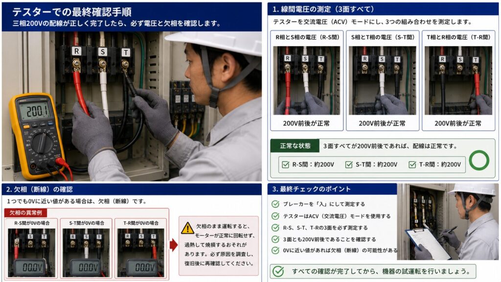 三相200Vの配線完了後、テスターで3面（R-S、S-T、T-R）の電圧と欠相（断線）がないか最終確認する日本人電気工事士