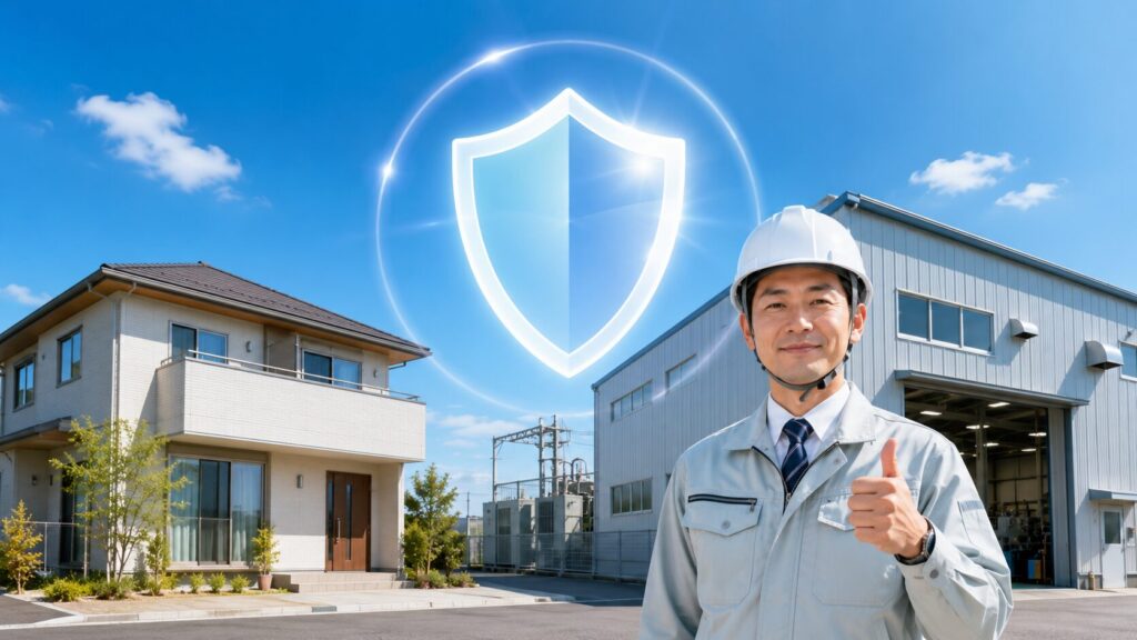 正しい電気工事と契約遵守によって、安全に電気が供給されている住宅と工場の安心イメージ。