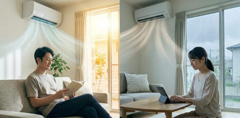 夏の強い日差しの中、エアコンのプレミアム冷房で涼しく快適に過ごす日本人男性のシーンと、梅雨の雨の日、エアコンのさらら除湿でサラッとした快適な部屋でくつろぐ日本人女性のシーンを比較した画像。
