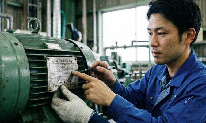 工業用三相モーターの銘板を確認する男性。馬力、電流、電圧の確認。