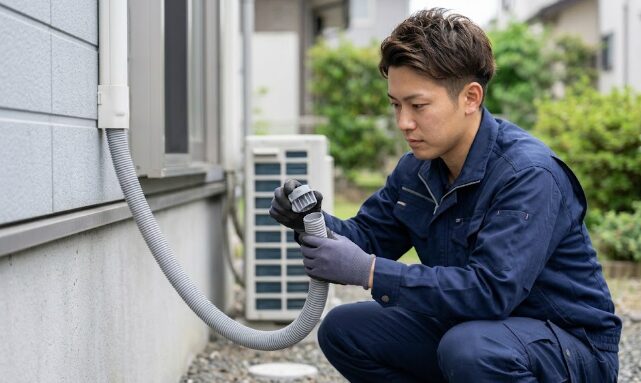 住宅の外周にあるエアコンのドレンホース先端に、防虫キャップを取り付ける日本人男性

