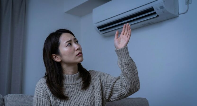 冬の室内で、エアコンの下に手をかざし、暖房の風がぬるいことに不安そうな表情を浮かべる日本人女性。