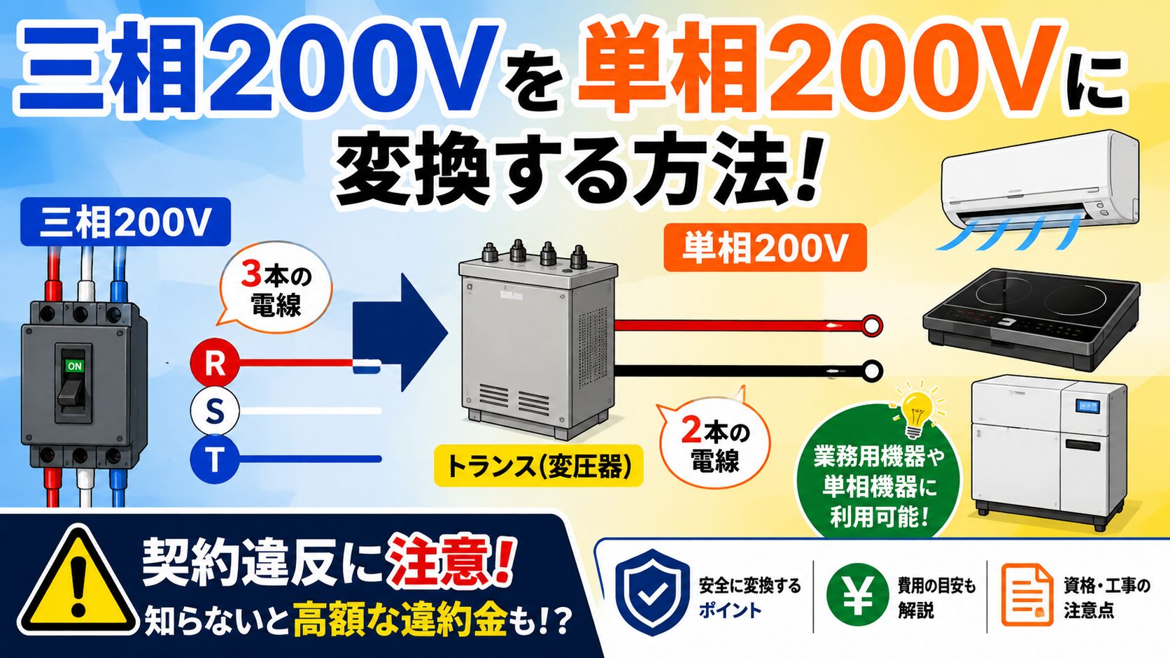 アイキャッチ画像-三相200Vを単相200Vに変換する方法!契約違反になる危険な罠も解説
