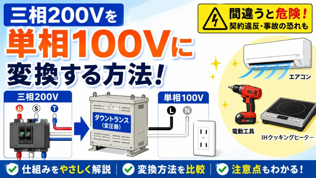 アイキャッチ画像-ダウントランスで三相200Vから単相100V変換は危険？プロ解説