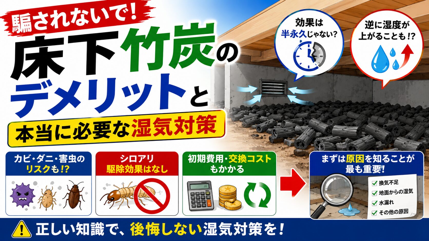 アイキャッチ画像-騙されないで!床下竹炭のデメリットと本当に必要な湿気対策