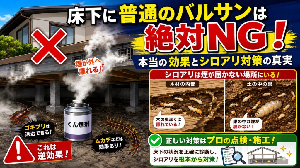 アイキャッチ画像-床下に普通のバルサンは絶対NG！本当の効果とシロアリ対策の真実