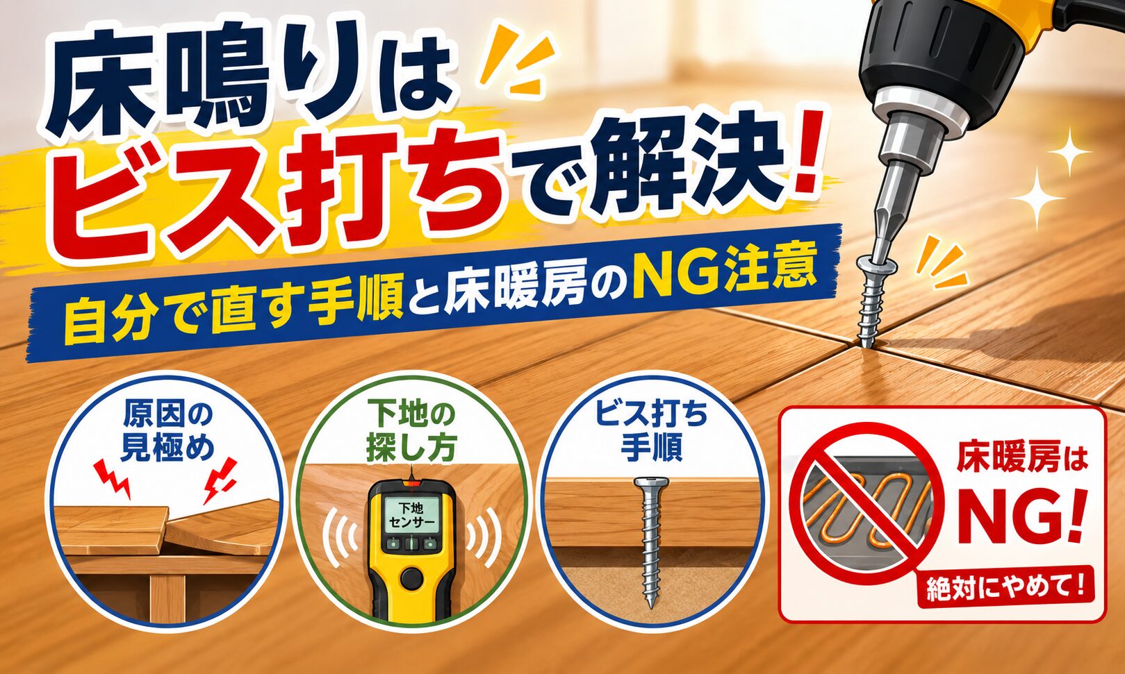 床鳴りはビス打ちで解決！自分で直す手順と床暖房のNG注意