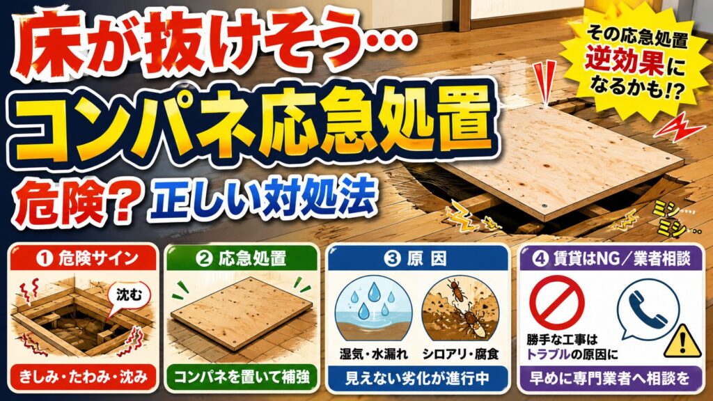 床が抜けそうな時の応急処置！コンパネの正しい敷き方と注意点