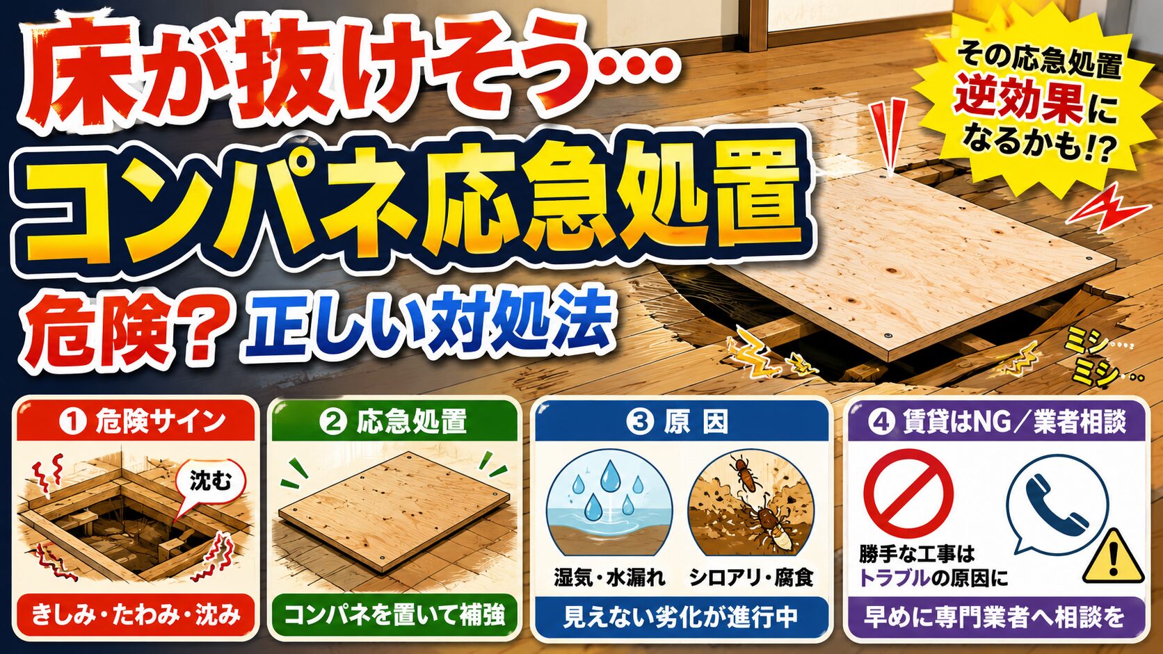 床が抜けそうな時の応急処置！コンパネの正しい敷き方と注意点