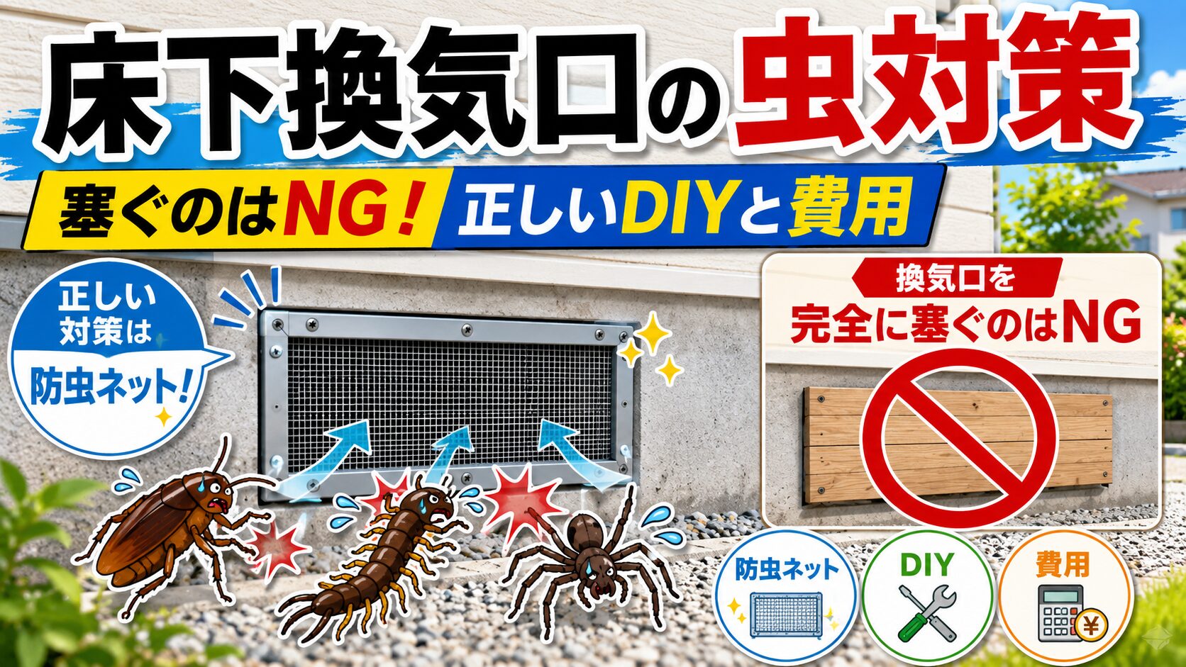 床下換気口の虫対策はどうする？塞ぐのはNG！正しいDIYと費用