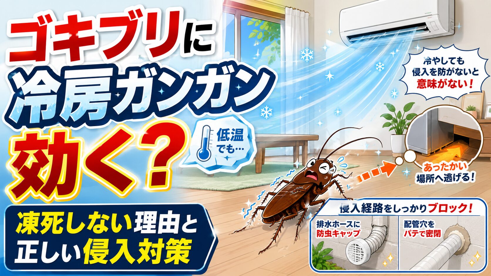 アイキャッチ画像-ゴキブリに冷房ガンガンは効く？凍死しない理由と正しい侵入対策