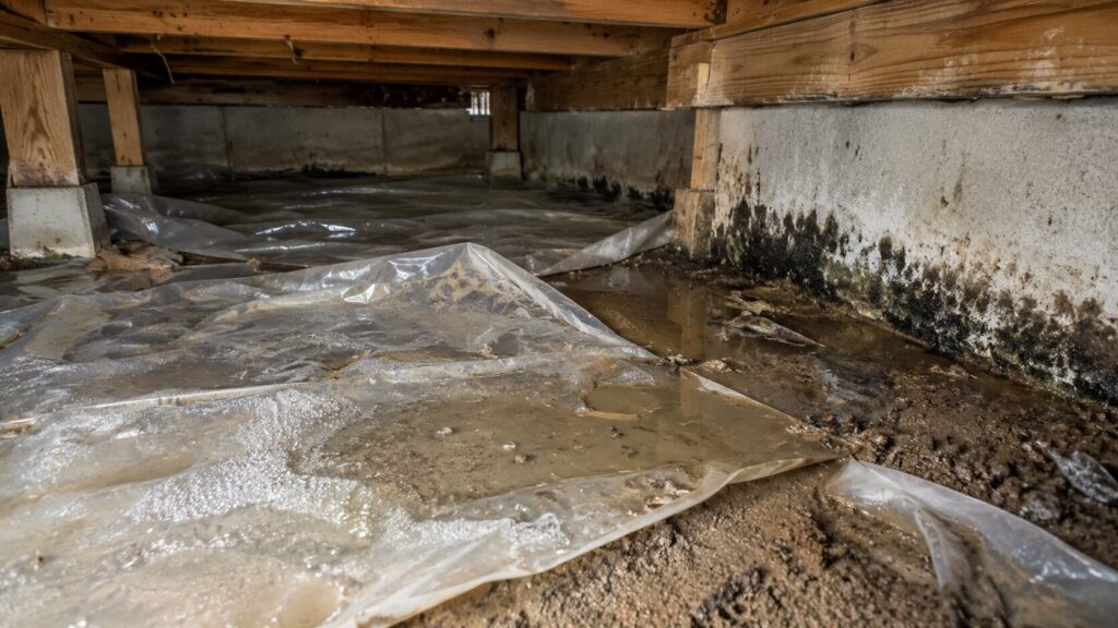 床下防湿シートの施工不良により、シート下で発生した結露とカビの様子