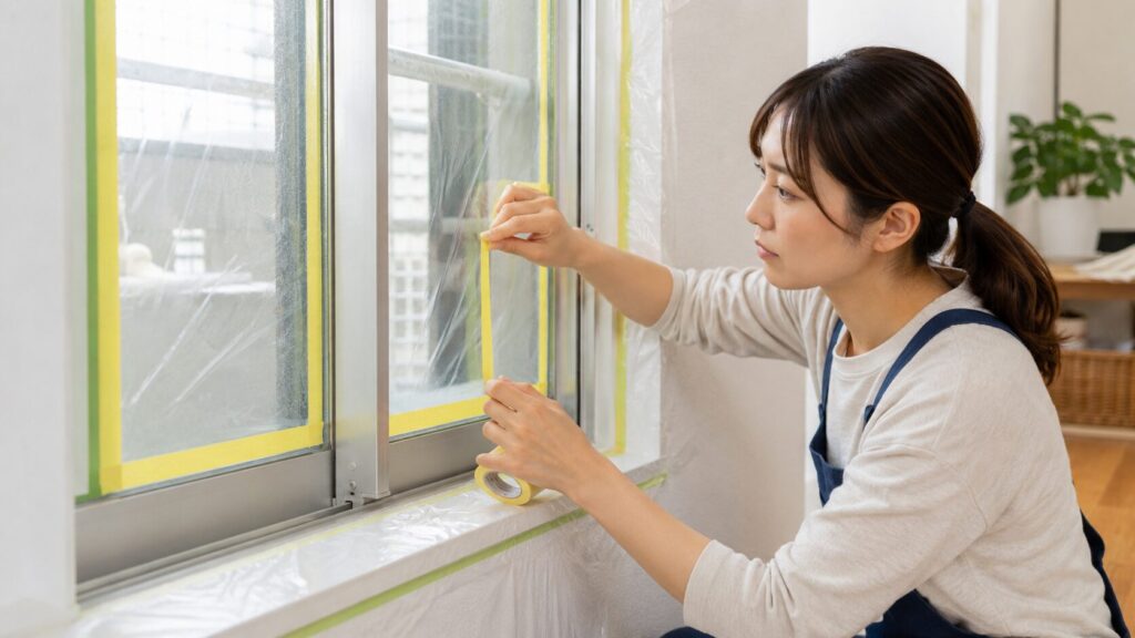 窓サッシのDIY塗装で、ガラス面と壁をマスキングテープで丁寧に養生する日本人女性の様子