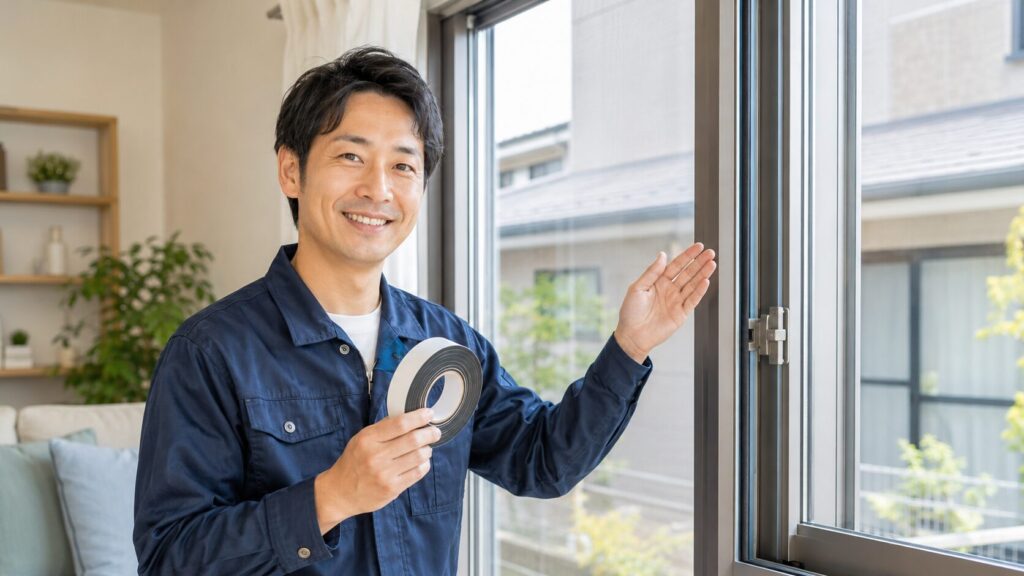 明るいショールームでアルミサッシ窓の断熱テープの重要性について、手にテープを持って笑顔で解説する様子。