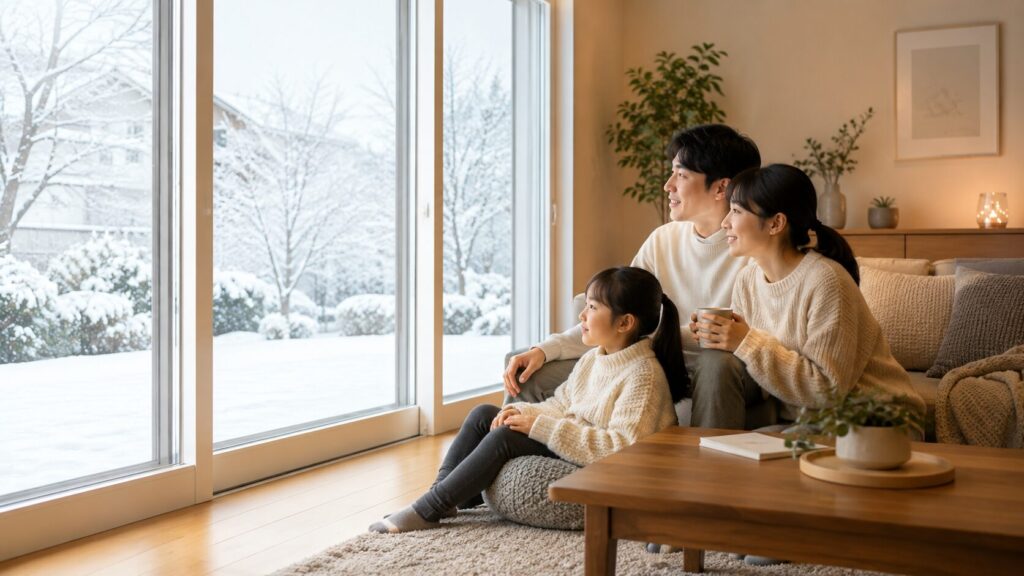 冬の寒い日でも大きな窓のそばで暖かく快適に過ごす日本の家族の様子