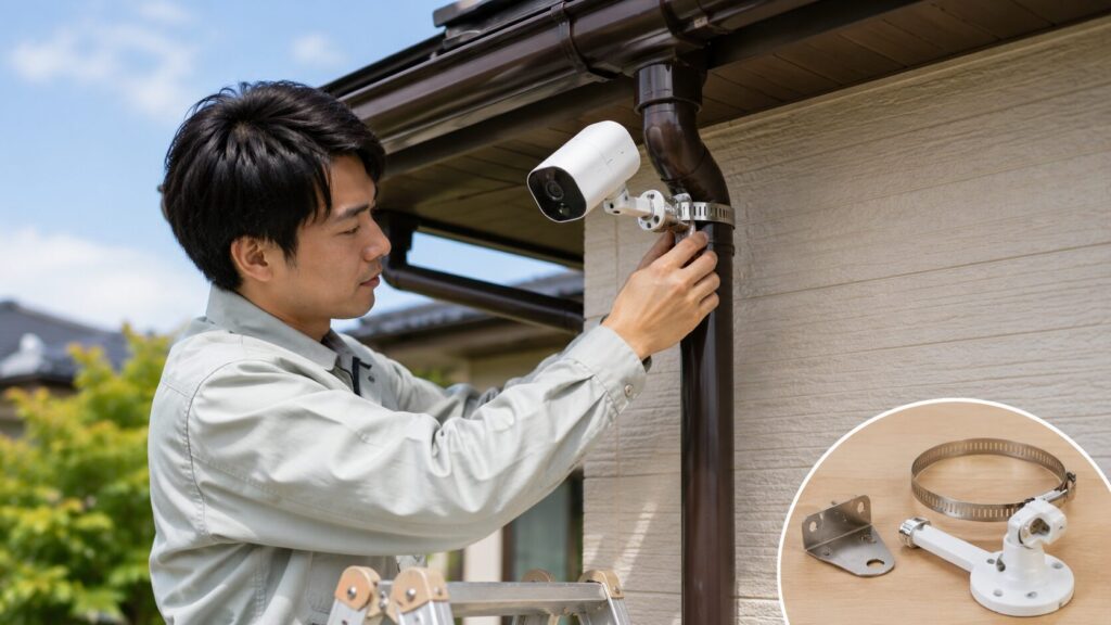 穴あけ不要で雨樋に防犯カメラを取り付ける日本人作業員と専用金具