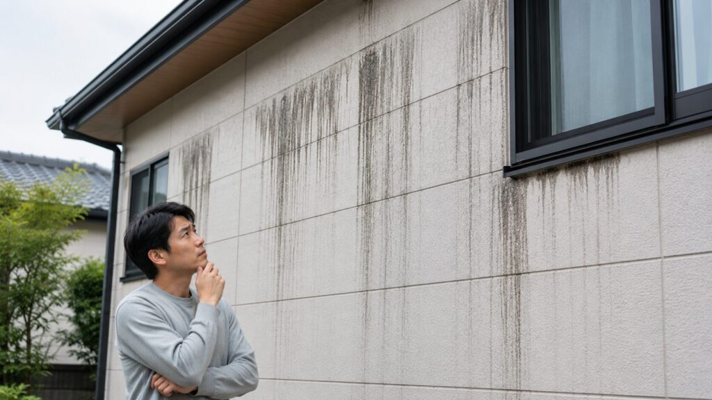 外壁に黒い筋状の「雨だれ」汚れがつき、心配そうに見上げる男性