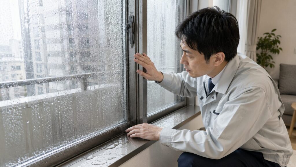 ンションの窓で発生したひどい結露を点検する、工務店の専門家（日本人男性）。サッシに水滴が溜まり、窓ガラスの冷たさを確認している。