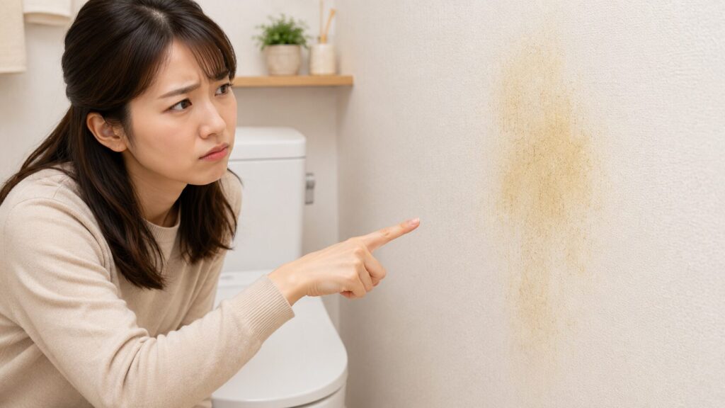 女性が、自宅の清潔なトイレの壁にある、目立たないがはっきりとした黄ばみのシミを、困惑した表情で指差している。