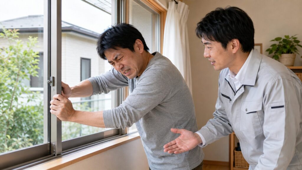 サッシの滑りが悪く、困った表情で窓を開けようとする男性と、それを優しく見守るプロの工務店スタッフ。滑り改善のプロのアドバイスを視覚化。