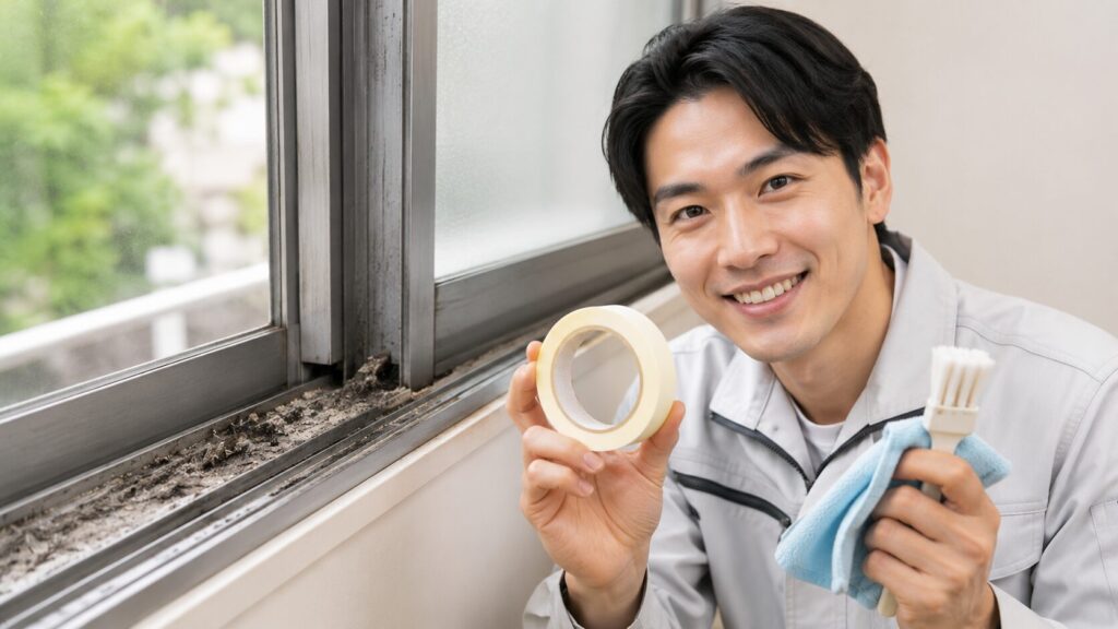 住宅お悩み解決ナビ運営者の工務店くんが、汚れた窓サッシを前に、解決策としてマスキングテープと掃除道具を笑顔で提示している。サッシ掃除の悩みを専門家が解決する。