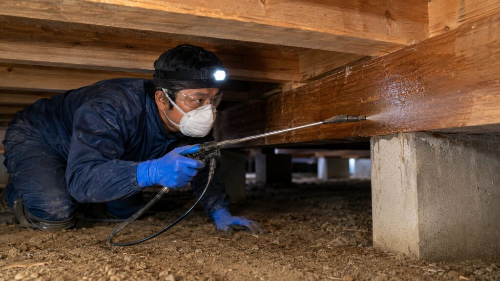 ヘッドライトをつけ、防護服を着用したプロの業者が、暗い床下に潜り、木材に薬剤を散布してシロアリ駆除と予防施工を行っている様子。