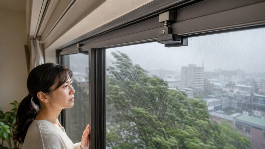 台風のような強風と雨の中、日本のマンションの窓から外を心配そうに見るアジア人女性。窓ガラス越しに荒れた天気と、サッシ上部でしっかりと効いている「外れ止め」部品のクローズアップ。強風時のサッシ脱落を防ぐ安全装置の重要性。