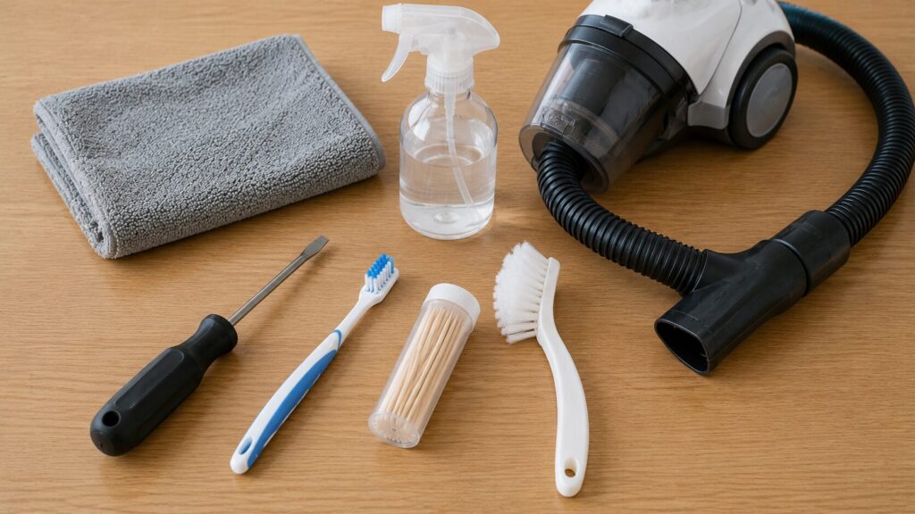 サッシ排水キャップ掃除に使用する道具一式(マイナスドライバー、歯ブラシ、爪楊枝、雑巾、掃除機ノズル)