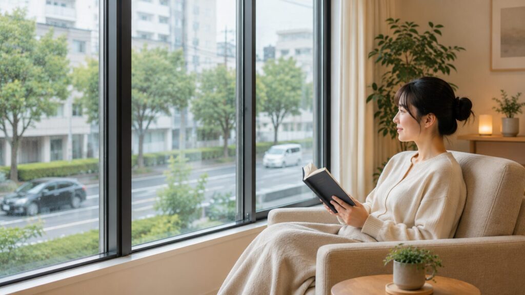 結露のない綺麗な窓辺で、外の騒音を気にせず静かに読書を楽しむ日本人女性
