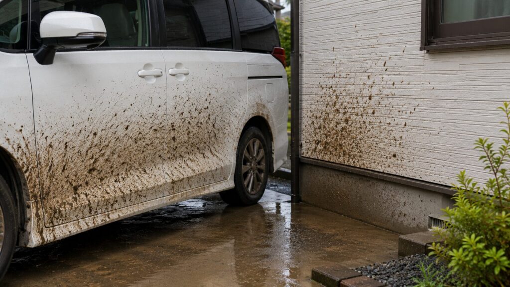 雨上がり、泥跳ねでひどく汚れた白いミニバン（日本車）の側面と、隣接する住宅の泥が跳ねた外壁（サイディング）。