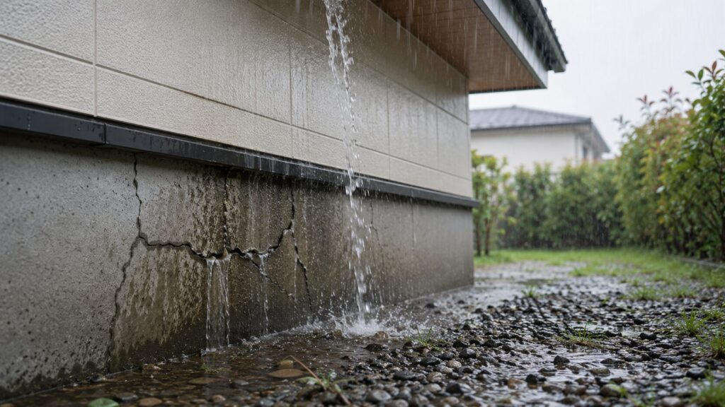 雨樋のない屋根から落ちた雨水がコンクリート基礎に叩きつけられ、ひび割れから水が浸入する様子