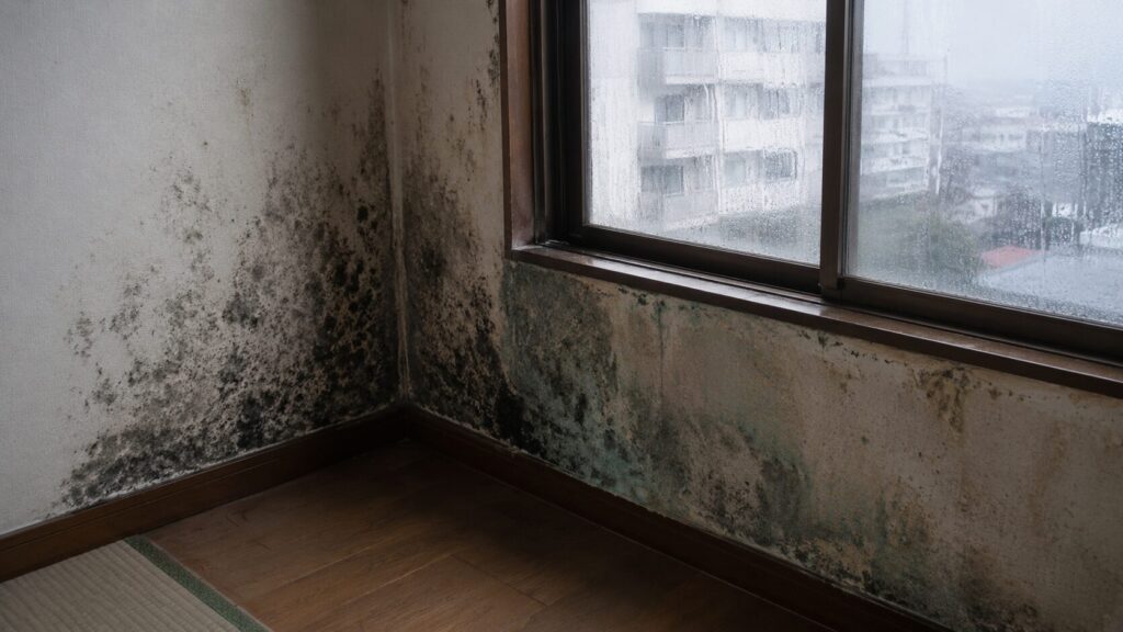 マンション北側の部屋の壁に発生した、結露による黒カビと青カビ。健康被害や建物の劣化を招くリスクのある、ひどい状態。