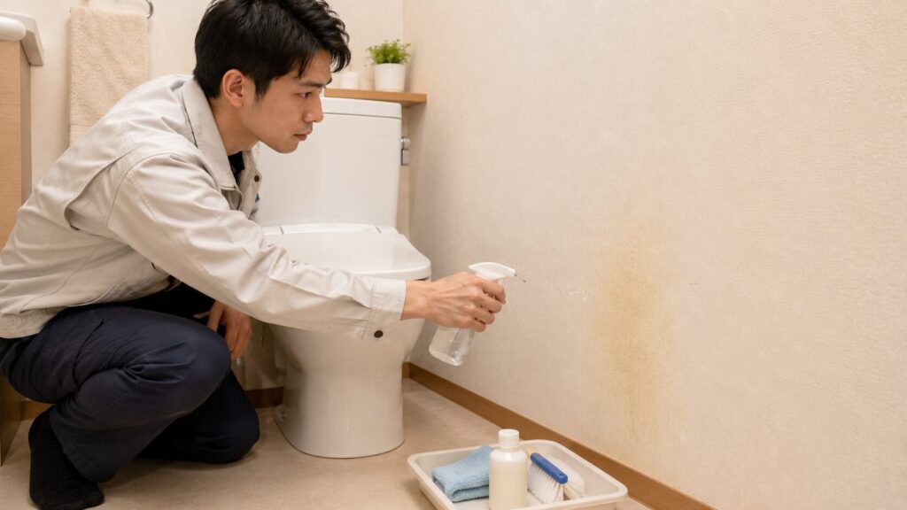 トイレの空間。便器の横の壁紙の下部に、小さな霧吹きで水を数滴かけている。床には掃除道具が置かれたトレイ。