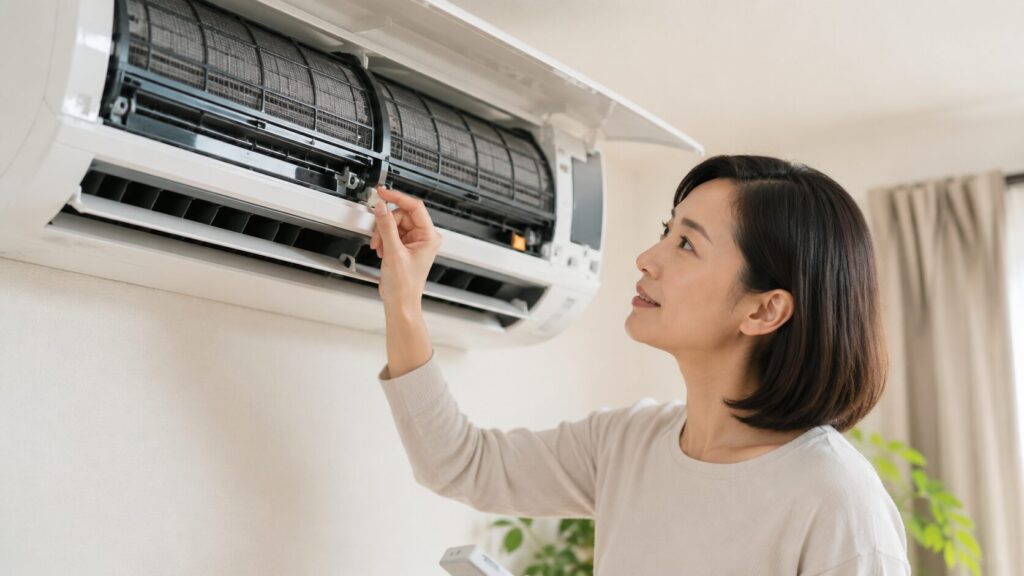 エアコンのフィルター自動お掃除機能の動作を観察する日本人女性