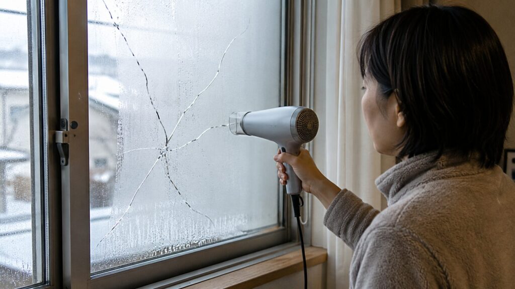 内部結露を直そうとドライヤーの熱風を当てたことで、窓ガラスに熱割れのヒビが入る様子。