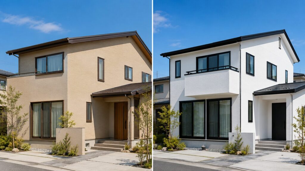 異なる2つの日本の住宅の外観デザインの比較。左側は、温かみのあるベージュのスタッコ壁にダークブロンズの金属製サッシが馴染んでいるモダンな住宅。右側は、真っ白な外壁にコントラストの効いた黒い金属製サッシが際立っている別のモダンな住宅。どちらの住宅も、清潔な住宅街の晴れた日に撮影されている。