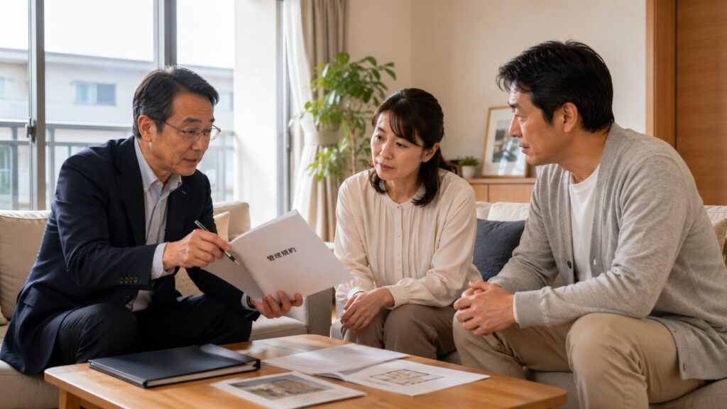 マンションのリビングで、管理組合の理事から管理規約について説明を受ける日本人居住者。